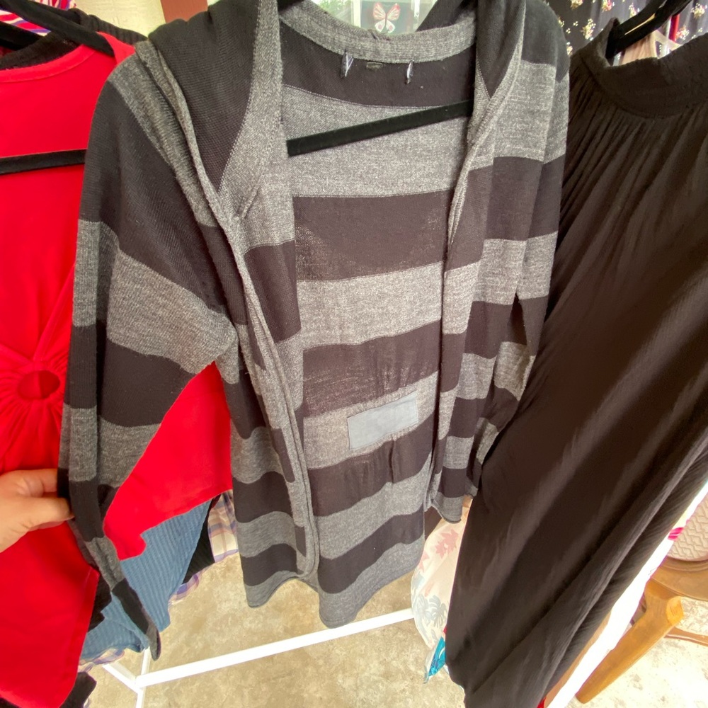 Black and Gray Striped Hooded Cardigan